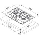 Esquema de medidas Cubierta a Gas Franke 73 cm Acero Negro - FHMA7554GDCLMBC